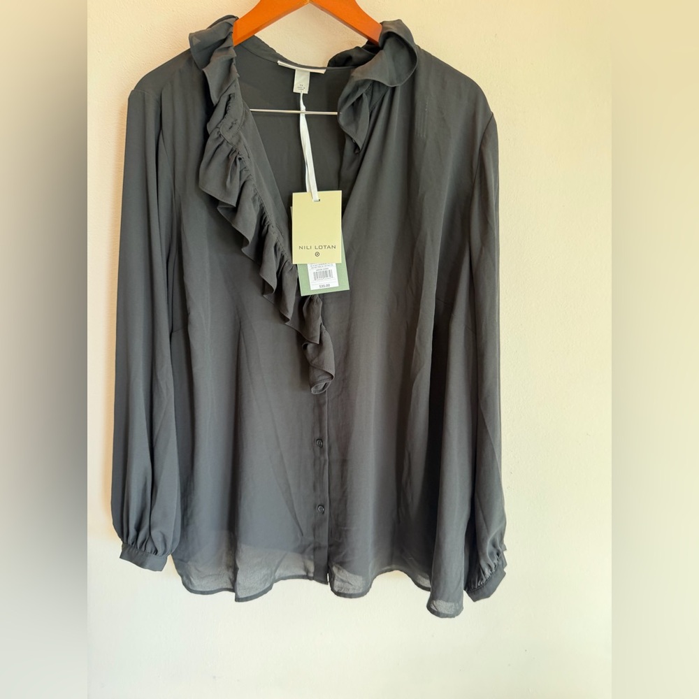 Nili Lotan x Target Ruffle V-Neck Blouse Dark Gray Plus Size 1X NWT‎